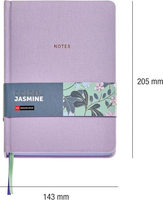 Тефтерът Miquelrius Golden Jazmin Fabric Mauve A5 с 96 листа на точки е лавандулов тефтер (205x143 мм) с БЕЛЕЖКИ в златисто, флорална лента златист Jazmin и две лентички.-3