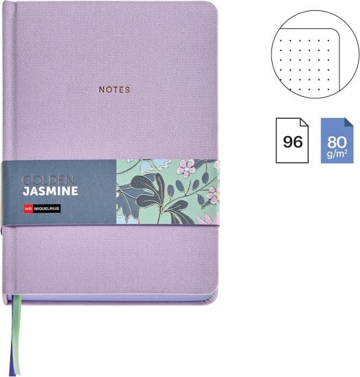 Тефтер Miquelrius Golden Jazmin Fabric Mauve A5 с 96 листа на точки, надпис NOTES в златно, флорална хартиена лента GOLDEN JASMINE, две текстилни отметки и хартия 80 g/m².-2
