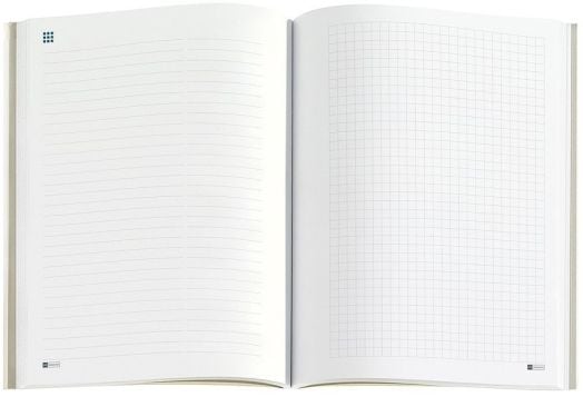 Отвореният Тефтер - Оргайзер Miquelrius Natura Blooming 2026, ден на страница в формат А5 разкрива две празни страници: лява страна с линия за писане и дясна страна с квадрат за рисуване или графики.-6
