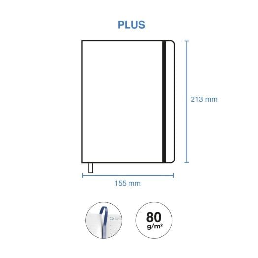 Схема на Тефтер - органайзер Miquelrius Natura Blooming 2026, ден на страница, в формат A5 (213 mm x 155 mm). Иконите по-долу показват вида на подвързията и теглото на хартията от 80 г/м².-4