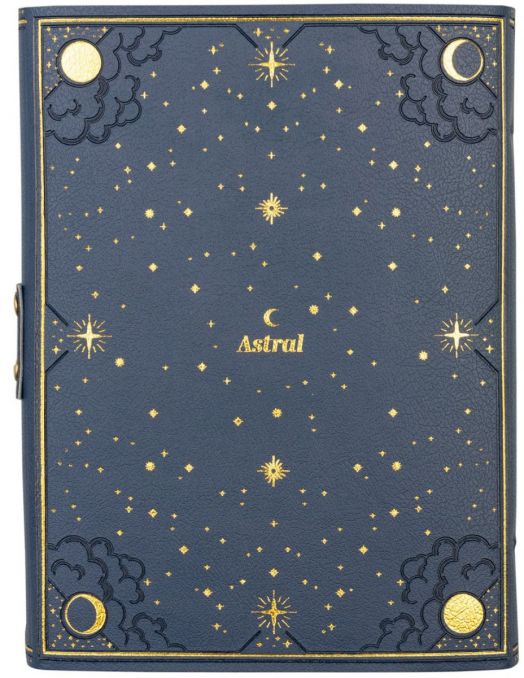 Тефтер с корици от веган кожа Grupo Erik - Astral: тъмносин, със златисто релефни звезди, луни и облаци. "Астрал" с полумесец по средата, украсен с изящни астрални мотиви.-3
