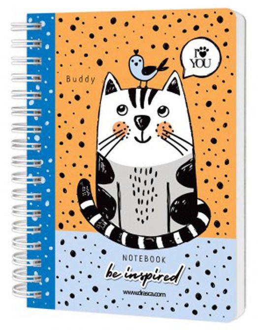 Тефтерче Drasca Be Inspired Buddy A6 със спирала, 80 листа, с корица с коте и синя птичка на оранжев фон с черни точки и надпис "be inspired" - идеално за бележки и скици.-2