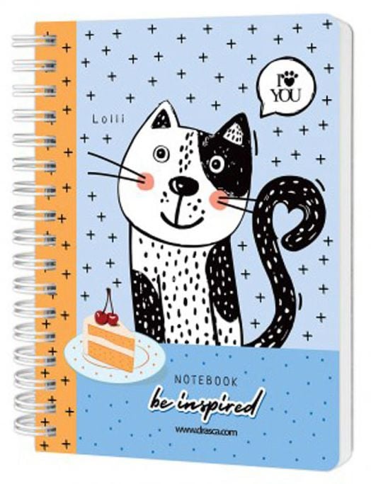 Тефтерче със спирала A6 Тефтерче Drasca Be Inspired Lolli, 80 листа, синя и оранжева корица с анимационна котка, парче торта, текст "be inspired", фон с кръстосани мотиви и балонче с реч I ♥ YOU.-2