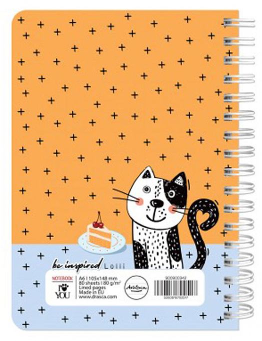 Тефтерче Drasca Be Inspired Lolli A6 със спирала, 80 листа, с илюстрирана корица: черно-бяла котка, резен торта и оранжеви плюсове на син фон. Вдъхновяващ надпис: бъдете вдъхновени! ЛЮБОВ.-3