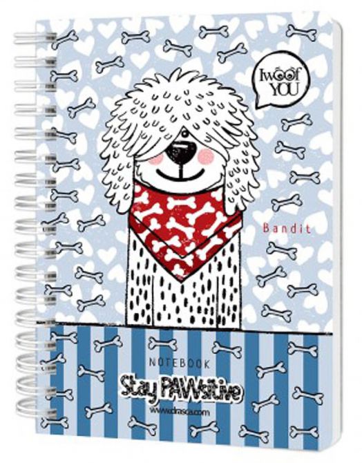 Тефтерче Drasca Stay PAWsitive Bandit A6 със спирала, 80 листа - с куче с червена бандана и очила върху синьото райе, надписи "I woof you, Bandit" и "Stay PAWsitive", заобиколено от кости.-2