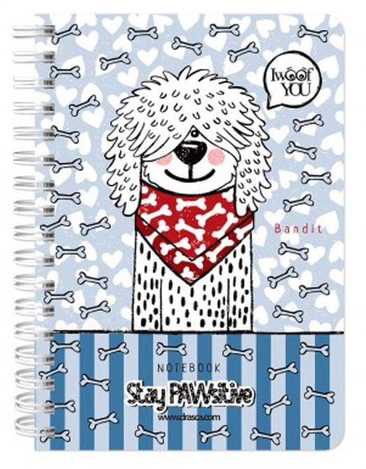 Тефтерче Drasca Stay PAWsitive Bandit A6 със спирала, 80 листа: корица с рисувано куче с рошава козина, червен шал с кокали и балон "I woof you". Синьо-бял фон и позитивно послание: Stay PAW-sitive!.-1
