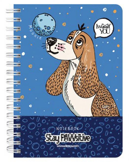 Тефтерче Drasca Stay PAWsitive Moonie A6 със спирала, 80 листа - с куче, което гледа синя луна и казва "I woof you". Син фон с жълти и бели точки, надписи NOTEBOOK и Stay PAWsitive. Идеален подарък за любители на кучета!.-1