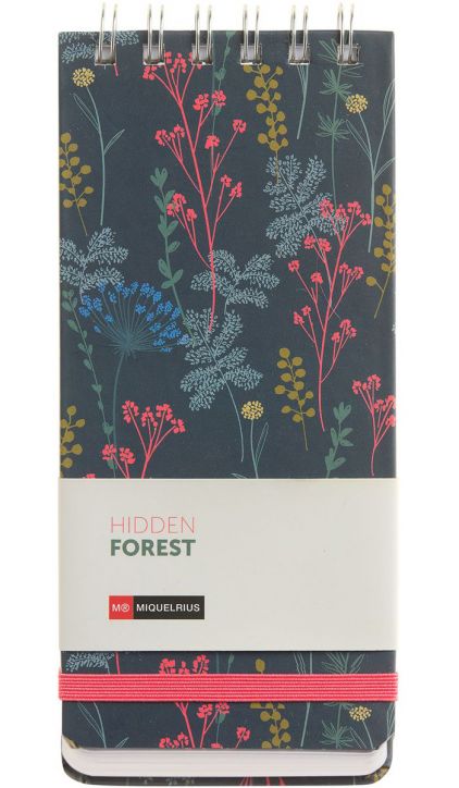 Тефтерче Miquelrius Hidden Forest със спирала, 80 линирани листа, тъмни твърди корици с цветни ботанически илюстрации, бял етикет "HIDDEN FOREST" и червен ластик - стилно решение за бележки.-1