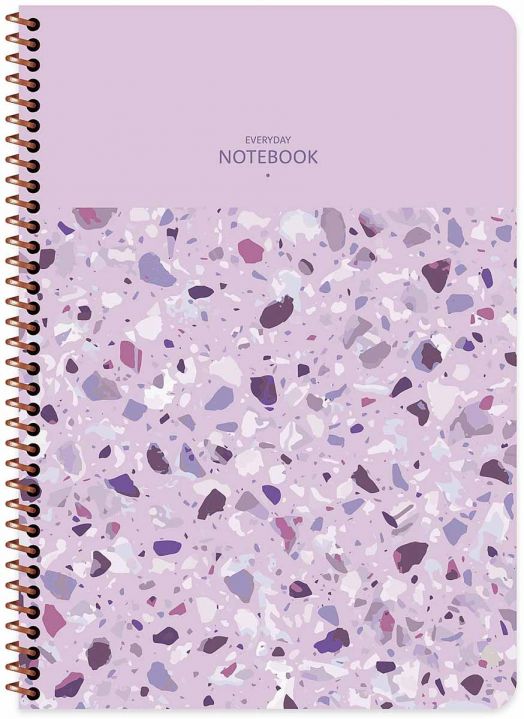 Тетрадка Keskin Color Terrazzo, 80 листа с малки квадратчета с лилава корица и със спирала. Надписът гласи "Everyday" и е придружен от образен теракотен модел в розови, червени и бели форми. Идеална тетрадка за училище или работа. Налична е в книжарница O-2