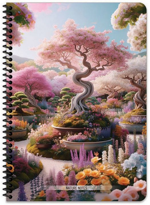 Тетрадка Keskin Color Nature със спирала и 80 листа на широки редове с корица, изобразяваща фантастична градина с извити бонсай дървета, розови цветя и зеленина под ярко небе. Надписът долу гласи Nature Notes.-2