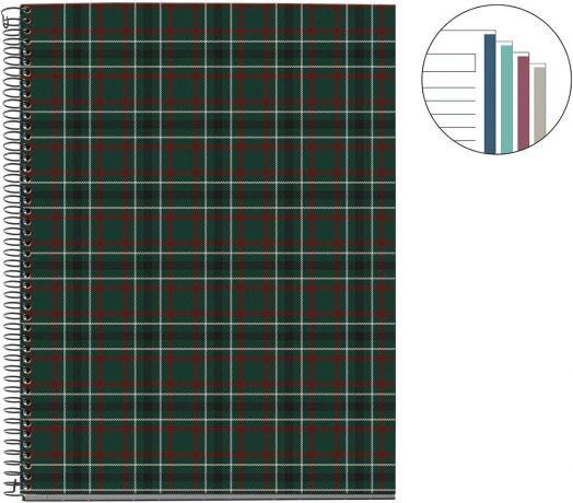 Тетрадка Miquelrius Highland Days Campbell A4 със спирала и 100 листа на широки редове има зелена и червена карирана корица, а в горния десен ъгъл има вмъкнато изображение на ръбовете на тетрадката в синьо, зелено, розово, лилаво и сиво.-2