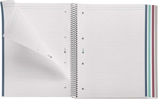 Отворена тетрадка Miquelrius Highland Days Campbell A4 със спирала и 100 листа на широки редове, с разделители по цветове вдясно. Една страница е частично обърната, показвайки още широкоредови листа, готови за писане.-3