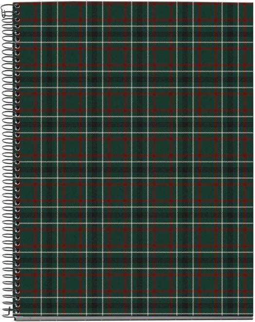 Тефтерът със спирала Miquelrius Highland Days Campbell A4 има 100 листа с широки линийки и тъмнозелена, черна и червена карирана корица с тънки бели линии.-1