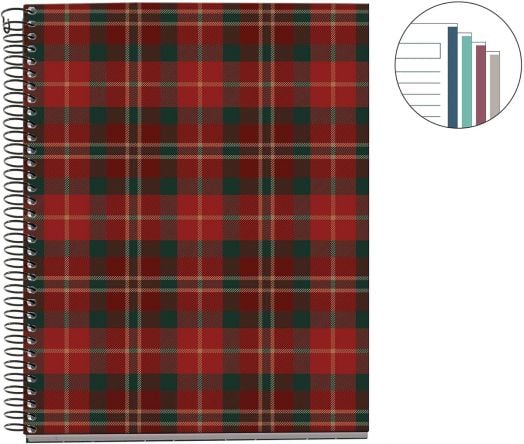 Тетрадка Miquelrius Highland Days Lenox A5 със спирала и 100 листа на широки редове, с червено-зелена каре корица и малка диаграма с пет цветни ленти, подходяща за бележки в училище или работа.-2