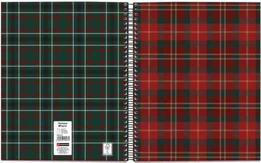 Две тетрадки със спираловидна подвързия са показани една до друга. Лявата е със зелена, червена и черна карирана корица; дясната е тетрадка Miquelrius Highland Days Lenox A5 със спирала и 100 листа с червена, зелена и жълта карирана шарка.-4