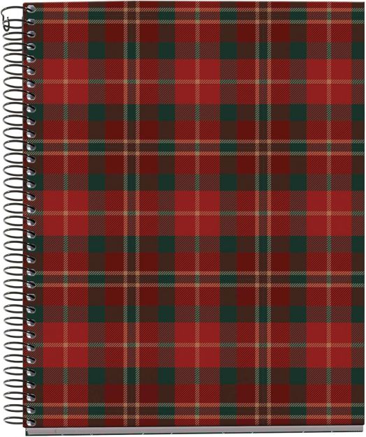 The тетрадка Miquelrius Highland Days Lenox A5 със спирала има 100 листа на широки редове и класически дизайн в червено и зелено каре, подходяща за училище или работа.-1