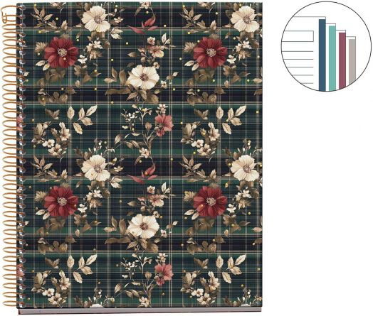 Тетрадка Miquelrius Highland Days Poppies A5 със спирала и 100 листа на широки редове има тъмнозелена и тъмносиня карирана корица с бежови, червени и бели цветя, както и вложка в горния десен ъгъл с пет цветни вертикални ленти с различна височина.-2