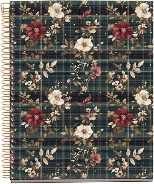 The Тетрадка Miquelrius Highland Days Poppies A5 със спирала и 100 листа на широки редове има тъмнозелен и черен кариран дизайн с червени, кремави и розови цветя, кафяви листа и малки златни точки.-1