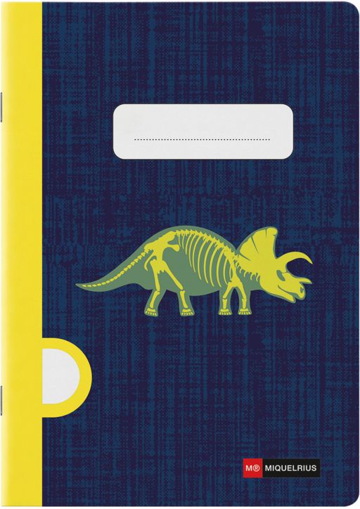 Тетрадката Miquelrius Raptor Fossil A5 е със синя корица и жълт гръб, на които е изобразена зелена илюстрация на скелет на трицератопс, а в горната част има празен бял етикет. Изработена от висококачествена хартия за гладко писане, тази тетрадка съдържа 4-1