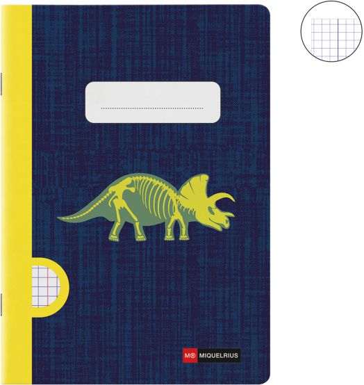Тетрадката Miquelrius Raptor Fossil A5 е с тъмносиня корица, украсена с впечатляваща зелена илюстрация на скелет на динозавър и бял етикет за име. Жълтата ѝ подвързия придава ярък акцент, а малката вмъкната илюстрация показва, че вътре има хартия с малки -3