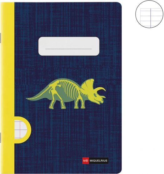 Тетрадката Miquelrius Raptor Fossil A5 (48 листа, широки редове) има тъмносиня текстурирана картонена корица с зелен скелет на трицератопс, жълт гръб, празно място за надпис и малка илюстрация на линована хартия в горния десен ъгъл.-2