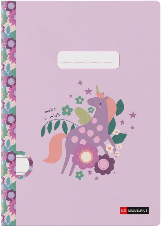 Тетрадката Miquelrius Wish Unicorn A4 (48 листа, широки редове) е с пастелнорозова корица с лилаво еднорогче, цветя, звезди, надпис „make a wish“, флорален мотив по гърба, място за етикет, качествена хартия и логото на Miquelrius.-1