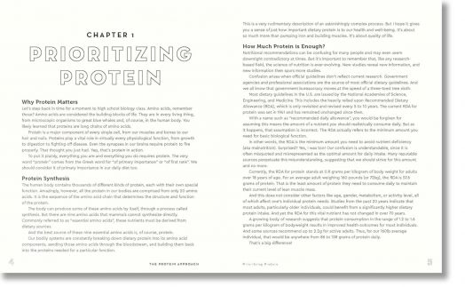 Отворена книга, Готварска книга "Протеиново предимство", показва Глава 1: Приоритет на протеините. Лявата страница обхваща предимството и синтеза на протеините; дясната описва колко протеини да се консумират и ползите от достатъчния им прием.-2