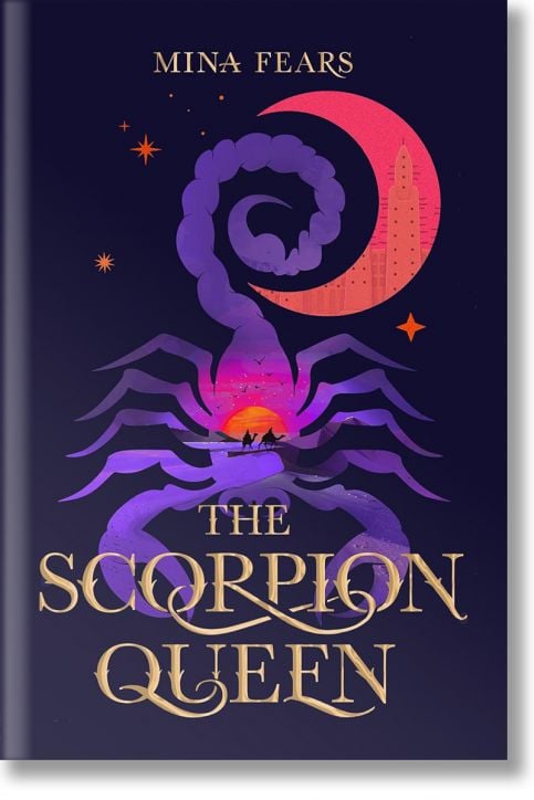 Корица на книгата "Кралицата на скорпионите", мрачно фентъзи, вдъхновено от малийския фолклор. Представлява голям лилав скорпион, залязващо небе, две фигури на коне, звезди и оранжев полумесец с кула вътре.-2