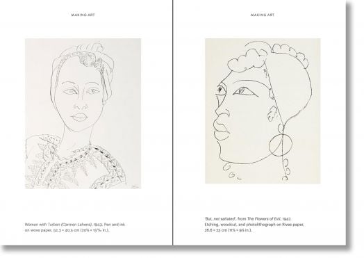 На две страници от "Светът според Анри Матис" са показани черно-бели линейни рисунки на женски лица - едното с тюрбан, а другото - стилизиран профил с бижута - и двете отразяват елегантната простота на Матис, като под всяко изображение има надписи.-4