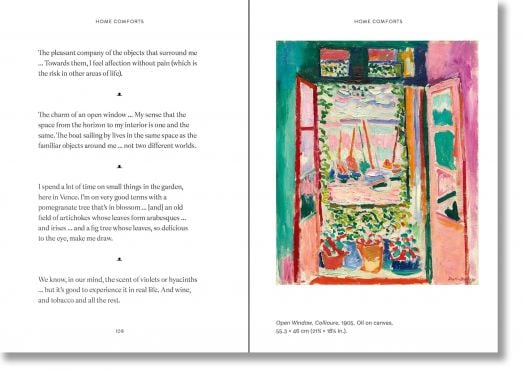 Светът според Анри Матис" е представена цветна картина на отворен прозорец с розови и зелени капаци, с изглед към жизнена градина и червен стол - весела, жизнена сцена от илюстрована колекция.-5