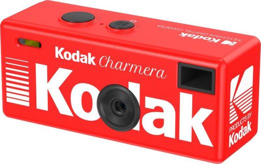 Червен цифров фотоапарат Kodak - Charmera Keychain, асортимент, в ретро стил с голямо бяло лого Kodak, обектив, визьор и два бутона отгоре.-2