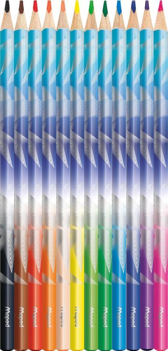 Комплект цветни моливи Maped Color Peps Arctic, 12 цвята, подредени вертикално; моливите са с градиентен дизайн и наситени цветове: червен, жълт, зелен, син, кафяв, черен и лилав.-2