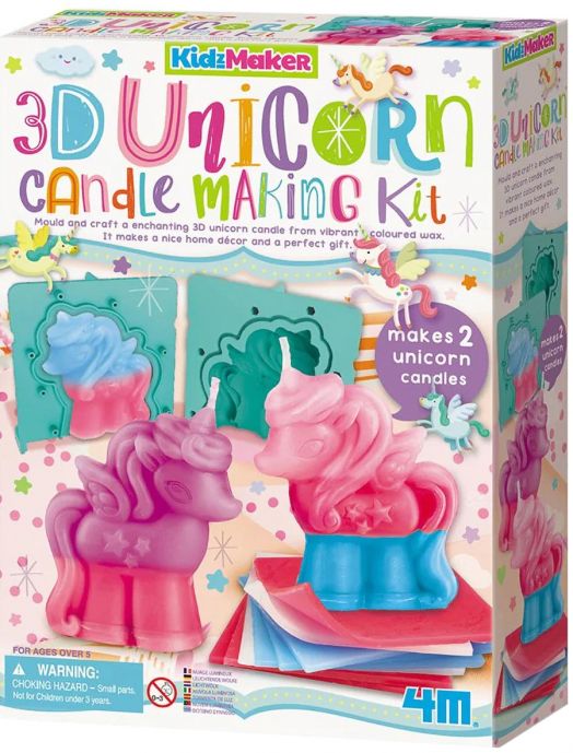 Цветна кутия за Творчески комплект 4М - Направи сам свещички еднорог, в която са изобразени две готови розови свещи еднорог и зелени формички. На кутията е посочено, че от комплекта се правят две свещи еднорози. Подходящ за възраст 8+.-1