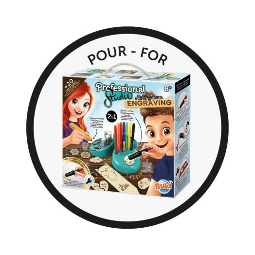 Кутия на Творчески комплект Buki - Аксесоари за гравиране, с илюстрирани деца и инструменти за гравиране, е показана в кръгла рамка с POUR - FOR в горната част - Iдеален избор за малки творци.-3