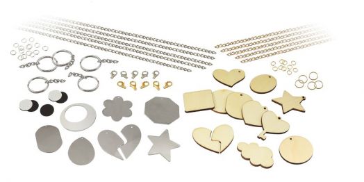 Творчески комплект Buki - Аксесоари за гравиране: метални и дървени висулки, синджири, халки, закопчалки и рингове - идеален за гравиране или детска работилница.-2
