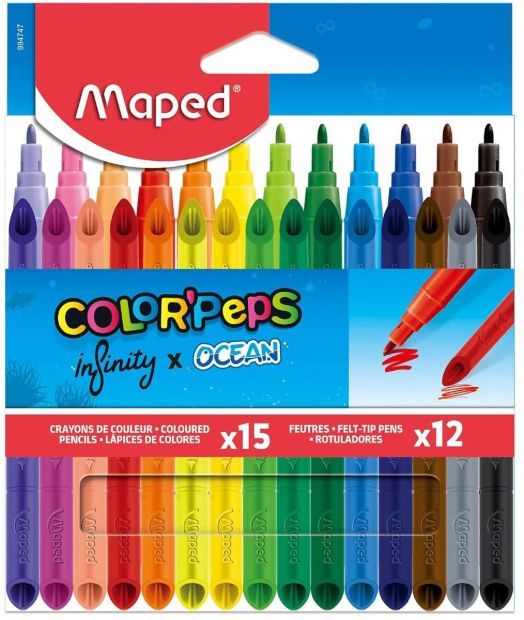 Творчески комплект Maped Color Peps Infinity x Ocean с 15 молива и 12 флумастера в различни цветове, подредени в редове в кутия. Предлага се в книжарница Orange.