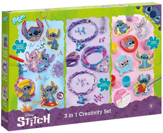 Цветна кутия за Творчески комплект Totum Stitch 3 в 1, с участието на Stitch и Angel. Включва диамантени декорации, изработване на гривни и фигурки за рисуване и правене. Идеална за деца на възраст над 5 години.-1