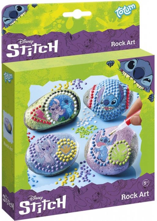 Кутия с Творчески комплект Totum Stitch - Декориране на камъни, 4 броя, с декоративни камъчета със Стич, цветни бои, стилус и изображения на Стич върху опаковката.-1