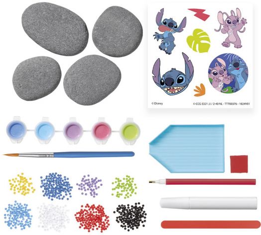 Творчески комплект Totum Stitch - Декориране на камъни включва 4 декоративни камъчета, стикери със Стич, 5 бурканчета боички, четка, зелен поднос, червен квадрат, бял инструмент и цветни камъчета - идеален за деца.-2