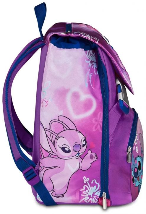 Ученическата раница Seven Lilo & Stitch Extensible е лилава и розова чанта с изображения на Ангел, сърца и цветя, с регулируеми презрамки и страничен джоб с цип — идеална за училищните принадлежности.-3