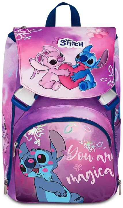 Ученическата раница Seven Lilo & Stitch Extensible е украсена с образите на Стич и Ейнджъл, с сърце върху капака, надпис „You are magical“ върху джобчето и флорални мотиви в розово и лилаво — идеална за училище за малките фенове.-2
