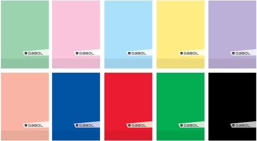 Десет ученически тетрадки Gabol A4 с 60 карирани листа са подредени в два реда по пет, всяка с различна едноцветна корица и надпис Gabol. Идеални за училище.-8