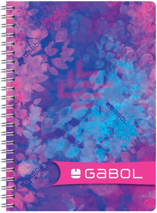 Ученическа тетрадка Gabol A4 със спирала, 100 карирани листа и корица с абстрактни сини и розови флорални мотиви; логото GABOL е отпечатано в бяло върху ярък розов банер долу вдясно.-6