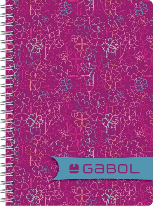 Ученическа тетрадка Gabol A4 със спирала и 100 карирани листа има розова корица с цветни флорални и детелинови мотиви и син етикет с логото "GABOL" в долния десен ъгъл.-5