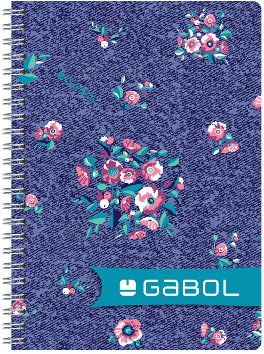 Ученическа тетрадка Gabol A4 със спирала и 100 карирани листа, с релефна лилава корица, украсена с цветя и листа в розово, бяло и тюркоазено, като долният десен ъгъл има тюркоазена лента с бялото лого GABOL.-4