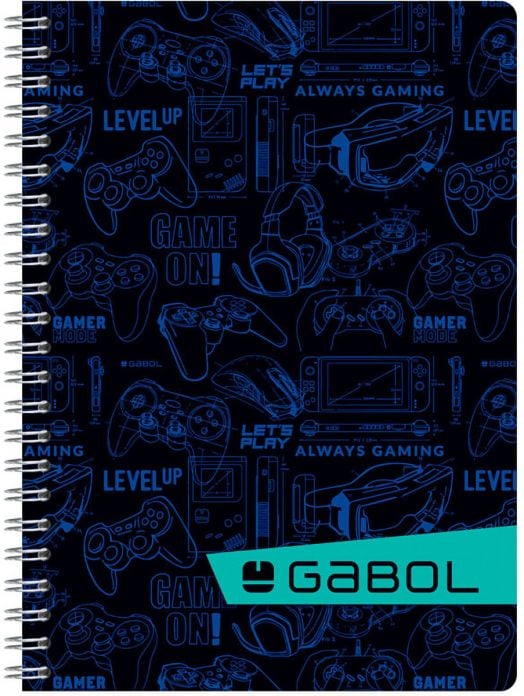 The ученическа тетрадка Gabol A4 със спирала и 100 карирани листа има тъмна корица със сини силуети на геймърски устройства, фрази като LEVEL UP и GAME ON, и тюркоазено лого GABOL долу.-3