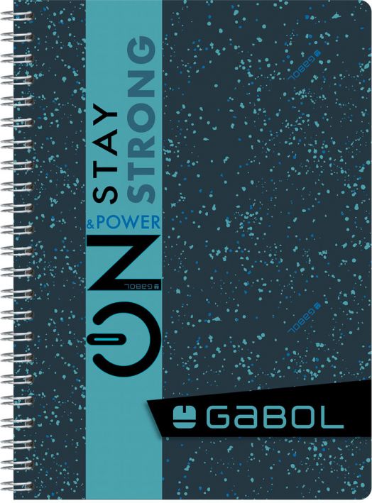 Ученическа тетрадка Gabol A4 със спирала и 100 карирани листа, с тъмносиня корица на светлосини точки, вертикален надпис "STAY STRONG & POWER ON" и лого на Gabol в долния десен ъгъл.-2