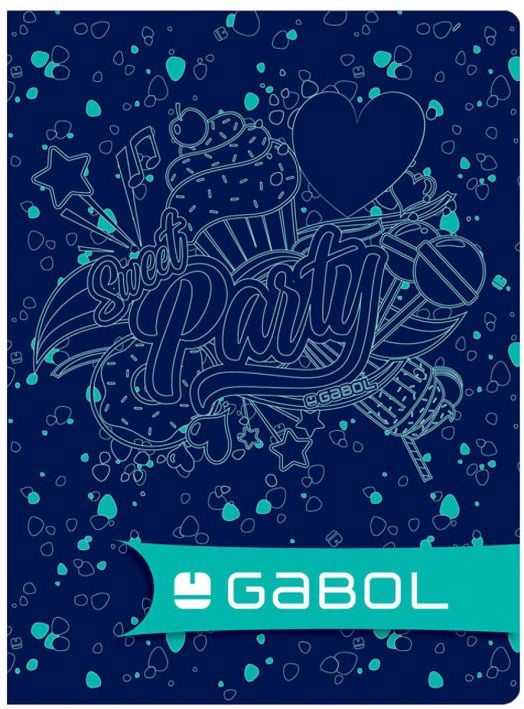 Ученическа тетрадка Gabol A5 с 80 листа на широки редове, с тъмносиня корица, акценти в тюркоаз и розово, сладкиши, звезди, сърце и надпис "Sweet Party"-идеална за момичета.-7