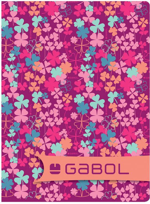 Ярка смесица от листа на детелина и сърце в розово, лилаво, синьо и оранжево върху пурпурно с прасковен банер с логото "GABOL" - идеален за Ученическа тетрадка Gabol A5 с 80 листа на широки редове - дизайн за момичета.-3