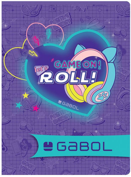Ученическа тетрадка Gabol A5 с 80 листа на широки редове за момичета - цветна корица с неонова сърце, слушалки с котешки уши, надписи "Lets GAME ON! ROLL!", звезди, мълнии и забавни дуудъли. Лого GABOL в синьо долу.-2